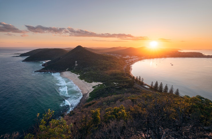 Scenic views over Shoal Bay Beach, Zenith Beach, Wreck Beach and Box Beach in Port Stephens from Tomaree Head Summit